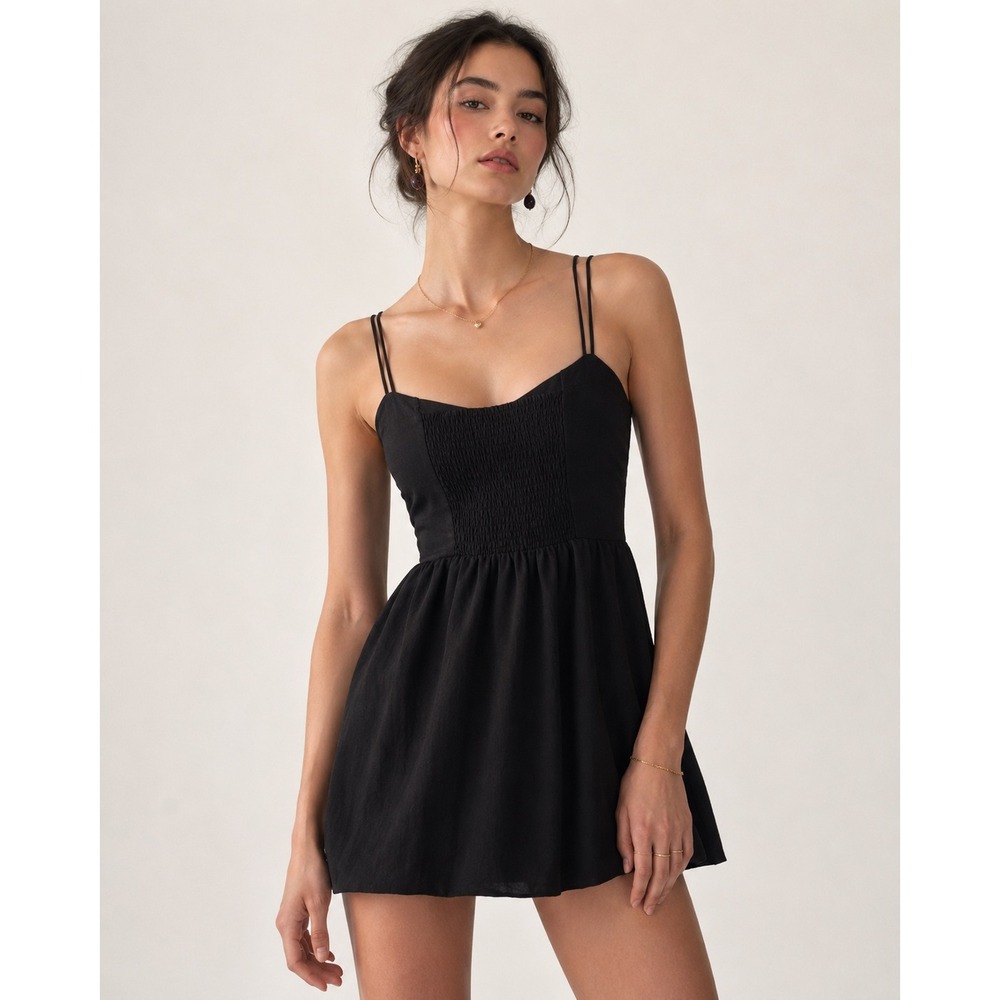 BCBGeneration Black Mini Dress XS Smocked Corset Babydoll Coquette‎ Y2K